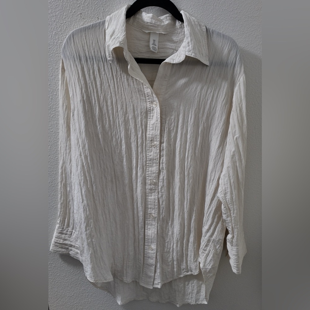 Crinkled White Button-Up Blouse
